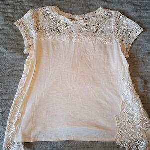 Adiva Tunic Top Women's 1X Cotton T Shirt Boho Lace Sleeve Neck Side Solid Beige